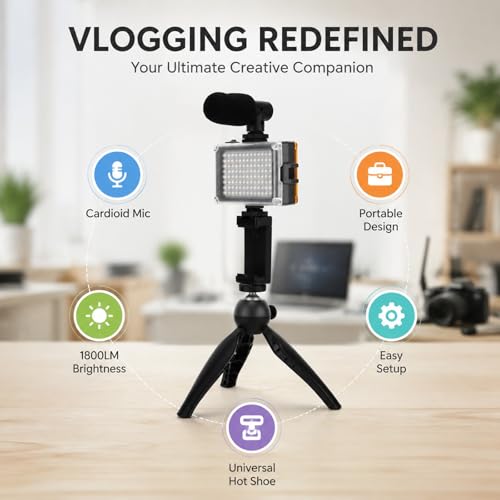 Portable Mobile Phone Photography Kit with Fill Light Microphone Tripod Red - Compact Vlogging Microphone Kit, Recording Equipment for Content Creator and Live Streaming (Black)