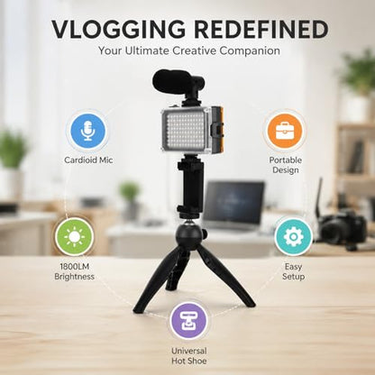 Portable Mobile Phone Photography Kit with Fill Light Microphone Tripod Red - Compact Vlogging Microphone Kit, Recording Equipment for Content Creator and Live Streaming (Black)