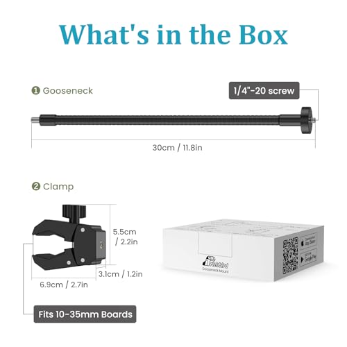 Gooseneck Clamp Camera Mount with 1/4" Screw, Clip Mounts for Handlebar, Desk, Tube, Cross Bar, Flexible 30cm Gooseneck Arm, Compatible with Go Pro, Ring, Google Nest, Wyze, and Arlo - size: 11.8"