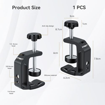 UTEBIT 1Pcs Aluminum Alloy C-Clamp for Desktop Mount Holder, 0.36-1.2 inch | Aluminum Universal Table Clamp with 1/4 and 3/8 Thread Hole, Desktop DSLR Mount for Shelves, Desk, Rods, Camera - size: 0.36-1.57 inch