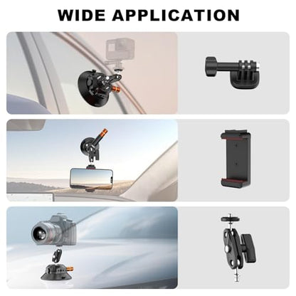 COMAN 4.5'' Suction Cup Camera Mount with Ball Head Magic Arm, Metal Camera Suction Mount for Action Cameras iPhone, Quick Release Car Mount with 1/4" & 3/8" Mounting Holes for Car Windshield Window - size: 4.5'' Suction Mount