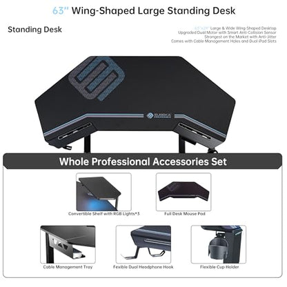 EUREKA ERGONOMIC Gaming Desk Adjustable Height Standing Desk 63" Wing Shaped Music Studio Table Workstation w Full Coverage Mousepad, 3 Stands, Dual Headphone/Cup Holder, Ipad-Slot - color: Black, size: 63"W x 48"H-Adjustable