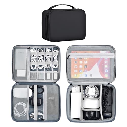 Large Capacity Electronics Accessories Organizer Travel Case with Adjustable Divider Waterproof Leather Cord Shockproof Tech Organizer Bag (Black, Double Layer-Large) - color: Black, size: Double Layer-Large