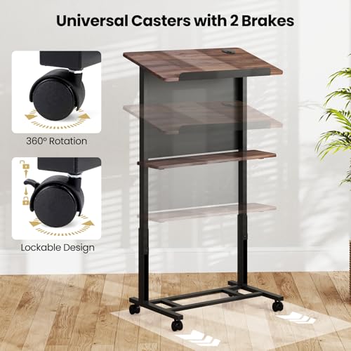 Giantex Mobile Podium Stand, Adjustable Rolling Laptop Desk with 4 Wheels & Tilting Desktop, Sit-to-Stand Lectern Podium Standing Desk w/Storage Shelf & Cable Hole for Classroom Church Home Office (1)