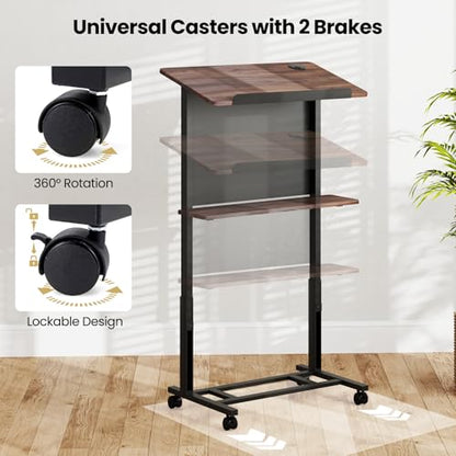 Giantex Mobile Podium Stand, Adjustable Rolling Laptop Desk with 4 Wheels & Tilting Desktop, Sit-to-Stand Lectern Podium Standing Desk w/Storage Shelf & Cable Hole for Classroom Church Home Office (1)