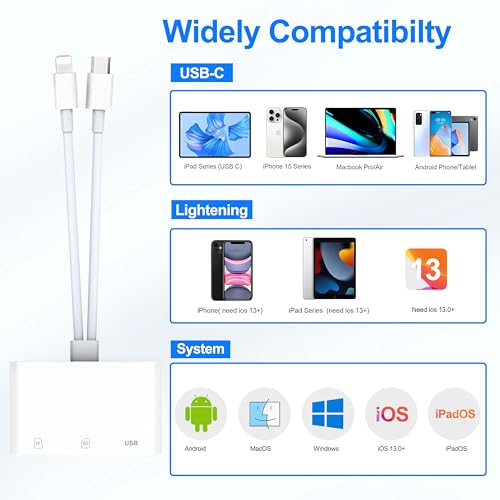 SD Card Reader for iPhone iPad Mac, Digital Camera Adapter to iPhone Lightning & USB C Dual Connector, Trail Camera Memory Card Viewer with SD/Micro SD/USB-A 3 Slot, No App Plug and Play - size: 3 Slot