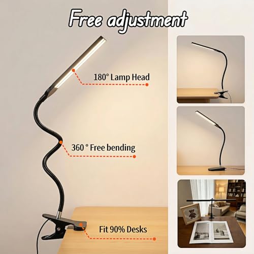 BUBBLE-FLY LED Clip on Reading Light, USB Desk Lamp with 32 LED Eye Protection, 360° Flexible Arm, Dimmable Clamp Light for Bed Headboard Home Office Study 7W Black