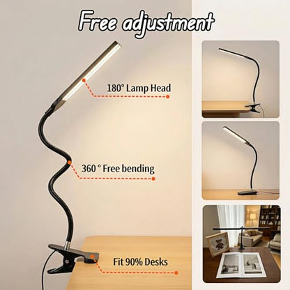 BUBBLE-FLY LED Clip on Reading Light, USB Desk Lamp with 32 LED Eye Protection, 360° Flexible Arm, Dimmable Clamp Light for Bed Headboard Home Office Study 7W Black