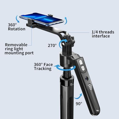yAyusi 70.9" Auto Face Tracking Selfie Stick Tripod for iPhone with Light, No App, 360° Rotation Tripod that Follows Your Movement with Remote Control for Vlog/Live Stream/Video Recording