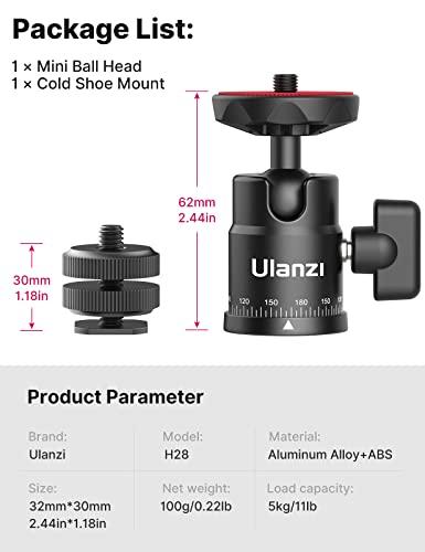 Mini Ball Head, ULANZI H28 Panoramic Tripod Head + Dual Hot Shoe Mount DSLR Camera Mount Adapter Photograph Attachment Accessories for Action Cameras Cam Smartphone Light Microphone Loading 5.5lb
