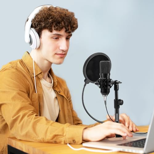 BILIONE Multifunctional Desktop Microphone Stand, Adjustable Mic Stand Desk with Pop Filter, Shock Mount, Microphone Clip, 5/8" to 3/8" Metal Screw Adapter (Pack of 2) - size: Round Base (Pack of 2)