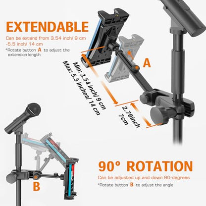 Tablet Holder for Microphone Stand, Mic Music Stand Tablet Holder for iPad, 360° Adjustable Clip-on Phone Mount for Shee Music Stand, Fits Devices from Screen Size 4.7 to 12.9”