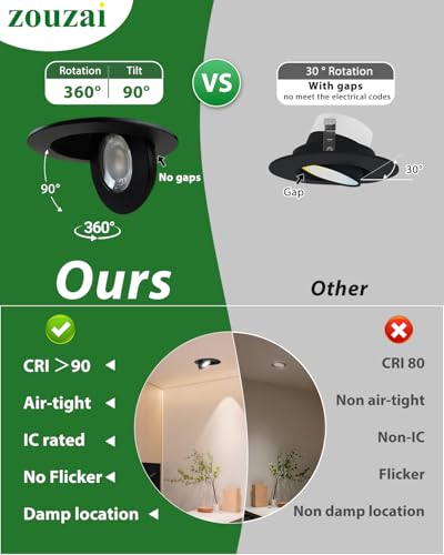 zouzai 4 Inch Gimbal LED Recessed Lights, Black, 12 Pack, with Junction Box, 360°+ 90° Adjustable, 5CCT 2700K-5000K, Dimmable, Canless Eyeball Downlight, CRI90+, 980LM 10W 120V, ETL - color: Black-4 inch, size: 12 Pack