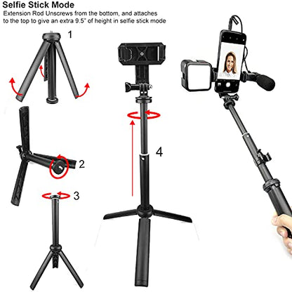 Selfie Stick Tripod Vlogging Kit for All Smartphones iPhone, Android w/LED Light, Rotating Phone Mount, Microphone, Bluetooth Remote, Hard Case for Live Stream, YouTube, Instagram TikTok