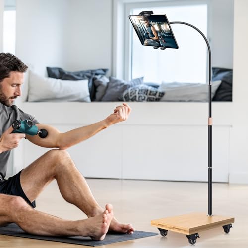 wishacc Tablet Floor Stand with Adjustable Gooseneck Mount, Swivels and Wheels for Bedside, Compatible with iPad, Galaxy Tab, Kindle and Phones - size: 15.4 x 11 inches