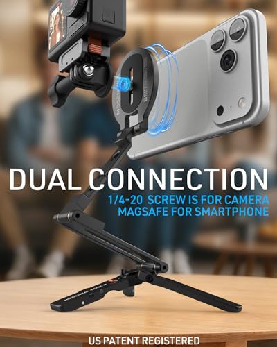 2-in-1 Magnetic Phone Tripod for MagSafe/DJI Osmo Pocket 3/4 Magnetic Mount | for Insta360 Luna Ultra, Foldable Phone Desk Stand with Arca-Swiss 1/4" Screw Hook Holder for GoPro 13/12 | Design Patented