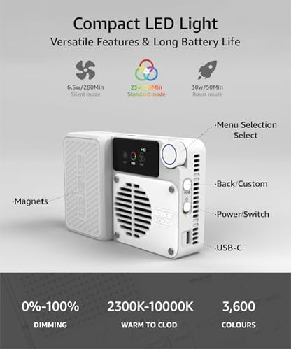 amaran Ace 25c Video Light,25w RGB Portable Light for Photography On-Camera Video Lights CRI/TLCI 95+,CCT 2,300K-10,000K,Rechargeable Dimmable Vlog Light,APP Control,PD Charging (White) - color: White