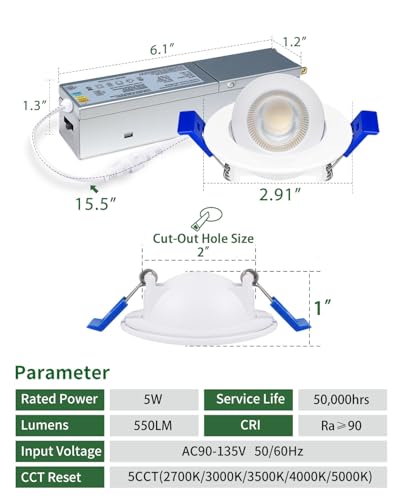 zouzai 2 Inch Gimbal LED Recessed Lights, White, 1 Pack, with Junction Box, 360°+ 90° Adjustable, 5CCT 2700K-5000K, Dimmable, Canless Eyeball Downlight, CRI90+, 550LM 5W 120V, ETL - color: White-2 inch, size: 1 Pack