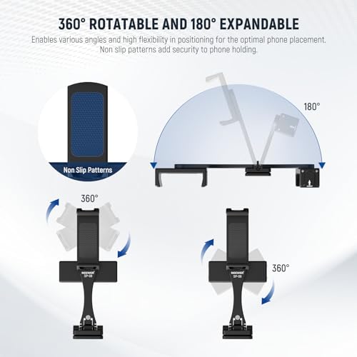 NEEWER Metal Phone Tripod Mount Adapter with Arca QR Base, 360° Rotatable Dual Cell Phone Clip Clamp Holder with 4 Cold Shoes Compatible with iPhone Samsung for Vlog Live Stream Video Recording, SP-08