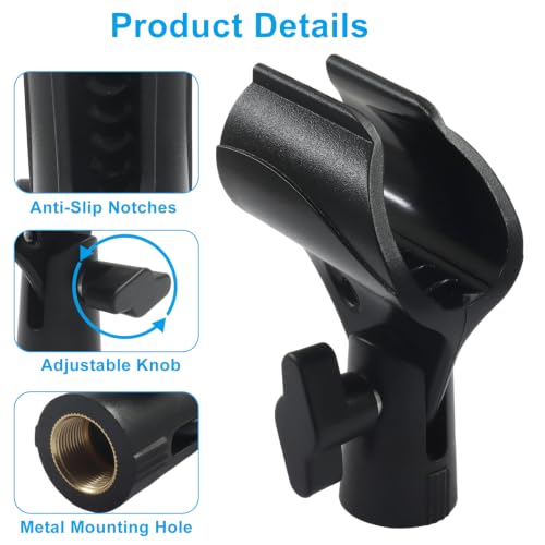 4 Pack Universal Microphone Clip – Adjustable Mic Clip Holder for Mic Stand, Fits 0.65-1.12 Inch Diameter Handheld Mics, with 5/8" Male to 3/8" Female Screw Adapter, Black