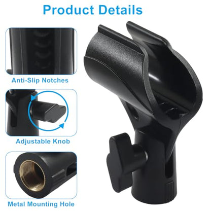 4 Pack Universal Microphone Clip – Adjustable Mic Clip Holder for Mic Stand, Fits 0.65-1.12 Inch Diameter Handheld Mics, with 5/8" Male to 3/8" Female Screw Adapter, Black