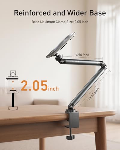 TELESIN Magnetic Phone Holder for Desk and Bed - Strong Magnetic - Tablet Stand Holder with Long Arm - 360° Freely Adjustable Rotation Base - Upgraded Silicone Clamp for iPhone, Android & IPad Series