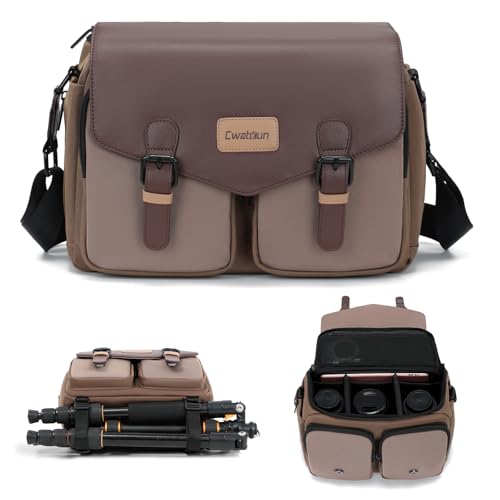Cwatcun Camera Bag, Waterproof Flap Camera Crossbody Shoulder Messenger Case with Tripod Holder, Travel Photography Bag for Canon, Nikon, Sony, Fuji DSLR/SLR/Mirrorless Camera, Lens （Brown）, L - color: Brown, size: L