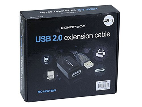 Monoprice 49ft 15M USB 2.0 A Male to A Female Active Extension/Repeater Cable (Kinect & PS3 Move Compatible Extension) (Pack of 2) - size: 1 Count (Pack of 2)