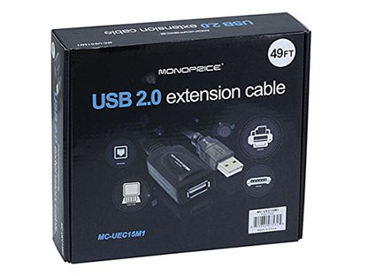 Monoprice 49ft 15M USB 2.0 A Male to A Female Active Extension/Repeater Cable (Kinect & PS3 Move Compatible Extension) (Pack of 2) - size: 1 Count (Pack of 2)