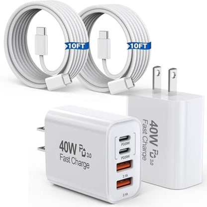 10FT iPhone 17 16 15 Pro Charger,2Pack 10Foot USB C to C Woven Cable Cord 40W USB C Apple Charger 4 Port PD&AC Charge Block Fast Charging for iPhone 17 Air/17 16 15 Pro Max/16e/16 Plus/15/15 Pro/iPad - size: 10FT C-C