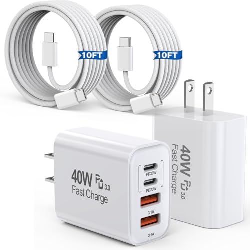 10FT iPhone 17 16 15 Pro Charger,2Pack 10Foot USB C to C Woven Cable Cord 40W USB C Apple Charger 4 Port PD&AC Charge Block Fast Charging for iPhone 17 Air/17 16 15 Pro Max/16e/16 Plus/15/15 Pro/iPad - size: 10FT C-C