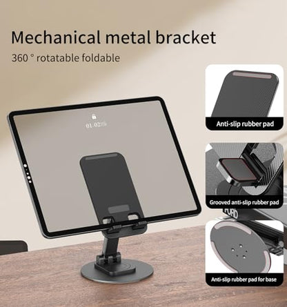 360° Rotating Cell Phone Stand for Desk, Adjustable & Foldable Phone Holder, Aluminum Desktop Phone Stand with Anti-Slip Base, Compatible with iPhone, iPad, Android Phones, K39B-Black