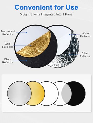 Selens Portable 24inch/60cm Light Reflector with Clamp,5 in 1 Collapsible Multi Disc Photography Reflector Translucent,Silver,Gold,White,Black for Studio Photography Lighting and Outdoor Lighting - size: 5 in 1 24inch with clamp