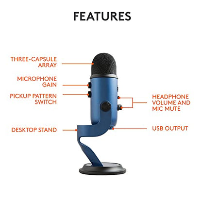 Logitech Creators Blue Yeti USB Microphone for PC, Mac, Gaming, Streaming, Podcasting, Studio and Computer Condenser Mic with Blue VO!CE Effects, 4 Pickup Patterns, Plug and Play - Midnight Blue - color: Midnight Blue