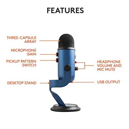 Logitech Creators Blue Yeti USB Microphone for PC, Mac, Gaming, Streaming, Podcasting, Studio and Computer Condenser Mic with Blue VO!CE Effects, 4 Pickup Patterns, Plug and Play - Midnight Blue | USB Plug-and-Play Condenser Mic with Blue Vo!ce, Headphone