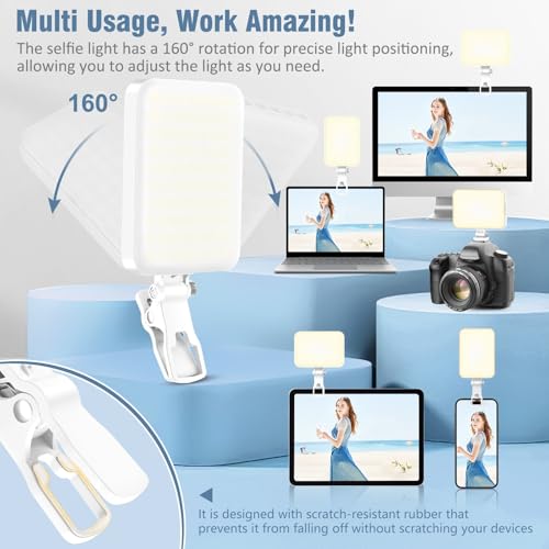 ALTSON 60 LED Portable Selfie Light Video Conference Lighting with Clip & Camera Tripod Adapter Rechargeable 2200mAh CRI 97+, 9 Light Modes for Phone iPhone Webcam Laptop Photo Makeup - color: Pearl White