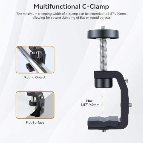 UTEBIT 40mm C-Clamp Camera Mount with Mini Ball Head, Black | 1/4 Thread Hole Metal Clamp with 360° Swivel Ballhead Camera Mount 1/4 Hot Shoe Adapter for Camera Desk Bicycle Woodworking - size: 40mm