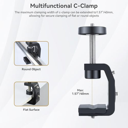UTEBIT 40mm C-Clamp Camera Mount with Mini Ball Head, Black | 1/4 Thread Hole Metal Clamp with 360° Swivel Ballhead Camera Mount 1/4 Hot Shoe Adapter for Camera Desk Bicycle Woodworking - size: 40mm