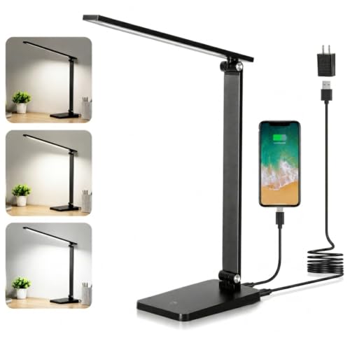LED Desk Lamp for Home Office, 3 Levels Dimmable Desk Light with USB Charging Port, Small Study Lamp, Reading Light for Table, Black, 5000K - color: Black