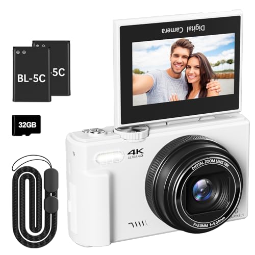 4K Digital Camera for Photography, 64MP Vlogging Camera for YouTube with 3" 180° Flip Screen, 18X Digital Zoom Point and Shoot Camara with 32GB Micro SD Card for Beginner (White) - color: YL15-W08-C-White