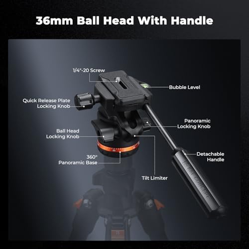 K&F CONCEPT 36mm Tripod Ball Head, 8kg Heavy Duty Head with Detachable Handle & Tilt Limiter, Arca Swiss Ball Head Mount with Quick Release + 360° Panoramic for Mirrorless Cameras and DSLRs