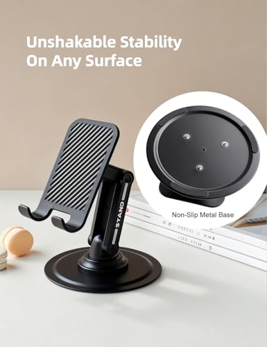 360° Rotating Adjustable Desk Phone Stand with Carbon Steel Base | 180° tilt arm, foldable design, adjustable joint tension, anti-slip silicone pads, fits 4-8 inch iPhone & Android devices