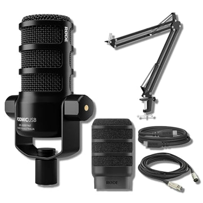 Rode PodMic USB Dynamic Broadcast Microphone Bundle with BOOMARM1 Desktop Boom Arm and 10-Foot XLR Cable — Cardioid USB-C Studio Mic with APHEX DSP for Podcasting, Streaming, Voice Over