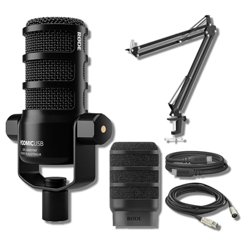 Rode PodMic USB Dynamic Broadcast Microphone Bundle with BOOMARM1 Desktop Boom Arm and 10-Foot XLR Cable — Cardioid USB-C Studio Mic with APHEX DSP for Podcasting, Streaming, Voice Over
