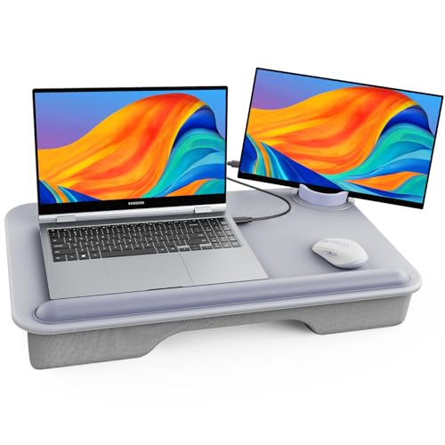 SAIJI Laptop Lap Desk for Bed—Fits Up to 17" Laptops & MacBook,Lightweight Tray Table with Soft Leather Wrist Pad,Sturdy Phone/Tablet Holder, Laptop Stand with Cushion for Home Office/Gaming On Couch - color: Light Gray
