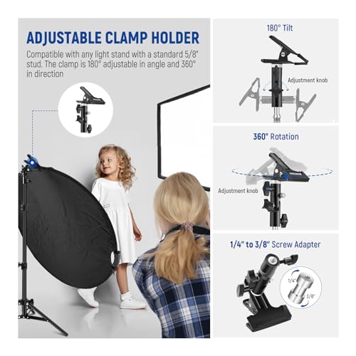 NEEWER 32"/80cm 5 in 1 Light Reflector with Clamp & Hand Grips, Polyester Multi Disc Photography Diffuser, Translucent/Silver/Gold/White/Black, 3/8" Thread, for Studio Outdoor Lighting, RF-80II - style: 80cm w/Clamp