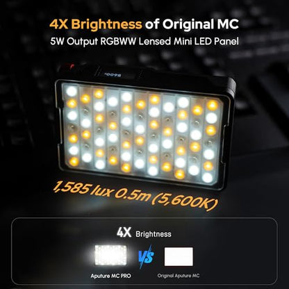 Aputure MC Pro RGBWW On Camera Video Light,5W High Brightness 1585 Lux at 0.5m,2000-10000K Adjustable Magnetic Attraction and IP65 Weatherproo for Photography,Videographer