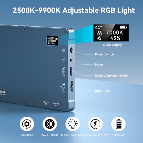 ENEGON 10000mAh RGB LED Video Light - 276 LED Beads with OLED Display, 18.5W Max, 2500–9900K CCT, CRI 96+, 21 Scene Modes - for Photography, YouTube, TikTok & Video Conferences - color: RGB 276 LED
