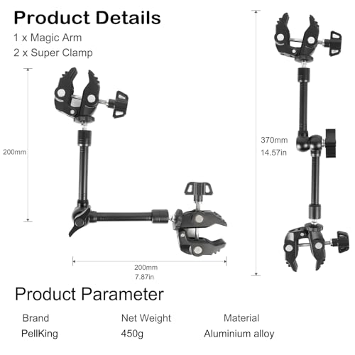 PellKing Magic Arm Clamp Kit, Camera Mount Articulating Friction Arm w 2 Pcs Super Clamp, w 1/4"-20 Screw and Thread Hole, for Camera, Light, Monitor, Webcam or Action Camera 2kg, for Table, Tube