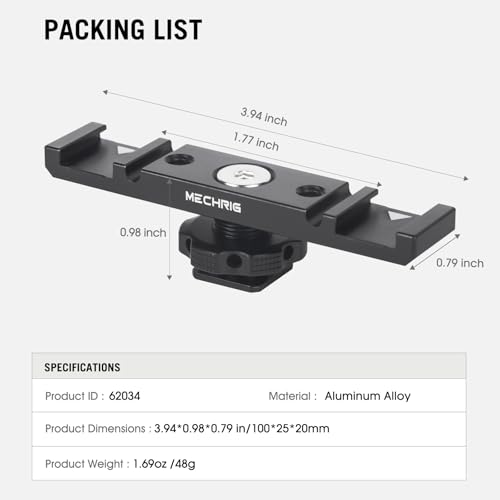 Dual Cold Shoe Extension Bar Mount, Aluminum Dual Hot Shoe Mount Bracket with 1/4" Thread & Cable Slot, Cold Shoe Bracket for DSLR Camera LED Video Light Microphone Monitor (62034)